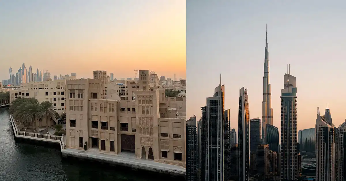 ۱۰ شرکت برتر ساخت و ساز املاک در دبی (۲۰۲۵) نمای قدیمی دبی با معماری سنتی در مقایسه با نمای مدرن ساختمانهای دبی