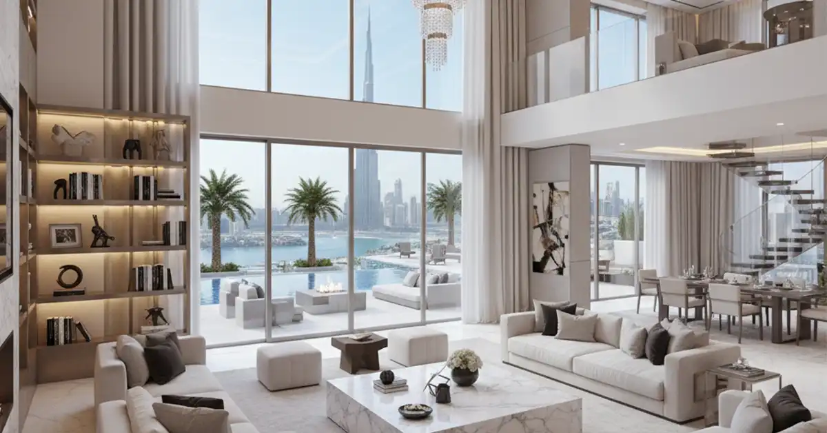 راهنمای سرمایهگذاری در پروژههای روبی ویلا و اسکای کالکشن دبی ۲۰۲۵ لابی لوکس اسکای کالکشن دبی با کف مرمر و نورپردازی پیشرفته
