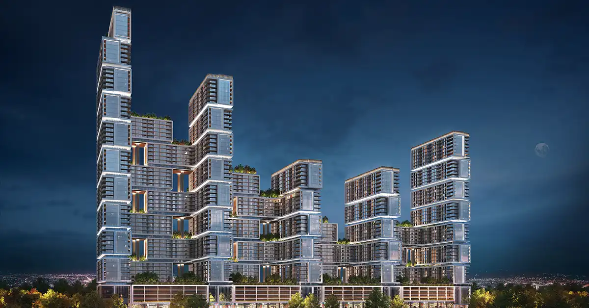 معرفی Sobha One: برجهای لوکس در Ras Al Khor رندر خارجی حالت شب Sobha One با نورپردازی