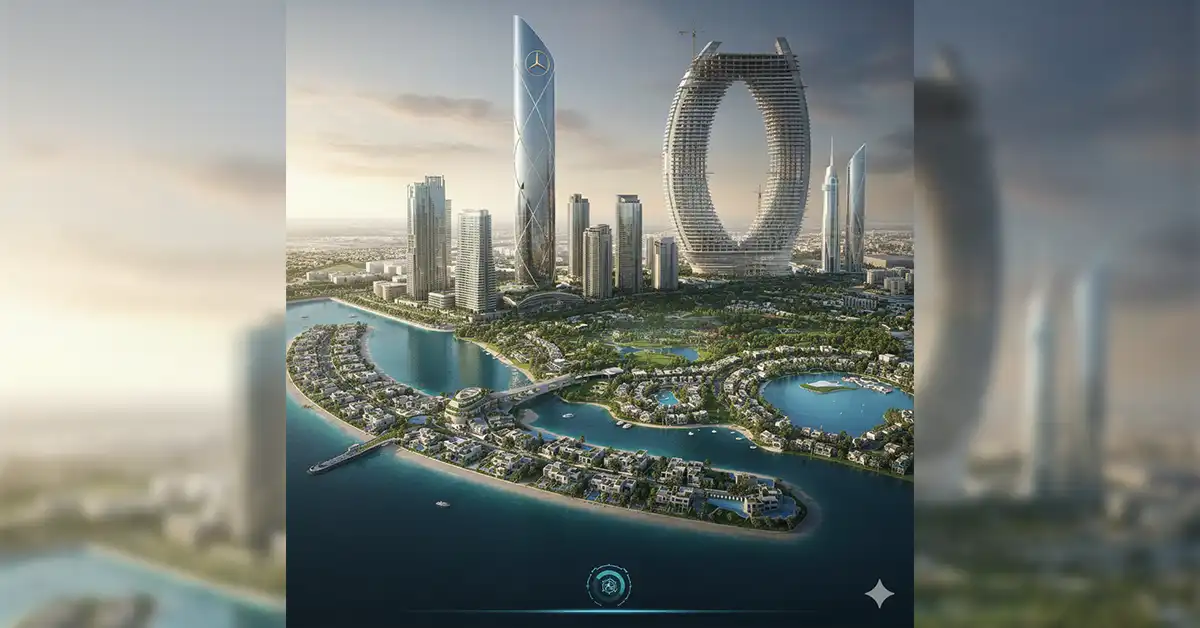 املاک امارات نمای پانوراما از پروژههای لوکس املاک دبی در سال ۲۰۲۵ شامل برج مرسدس بنز، جزایر نخل جبل علی و ویلاهای ساحلی مدرن.