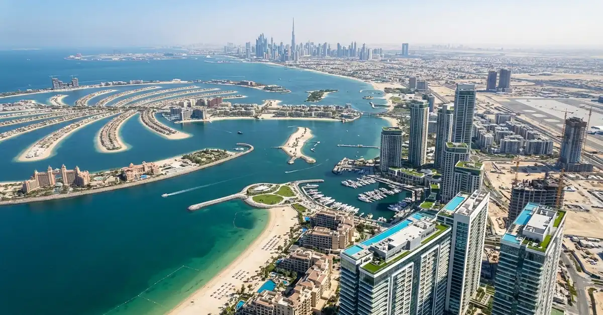 املاک امارات نمای هوایی از پروژههای عظیم املاک دبی در سال ۲۰۲۵ شامل پالم جبل علی و دبی ساوت