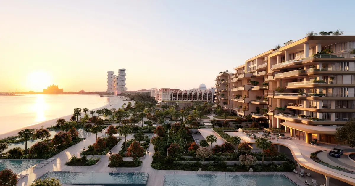 آلبا رزیدنس پالم جمیرا | شاهکار زاها حدید با مدیریت دورچستر کالکشن منظره غروب The Alba Residences با چشمانداز نخل جمیرا
