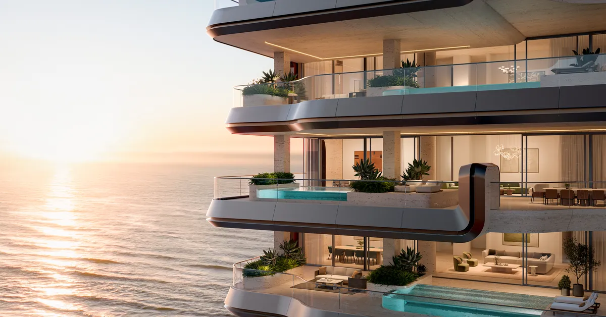 نمای غروب بالکنهای استخردار The Alba Residences روی دریا