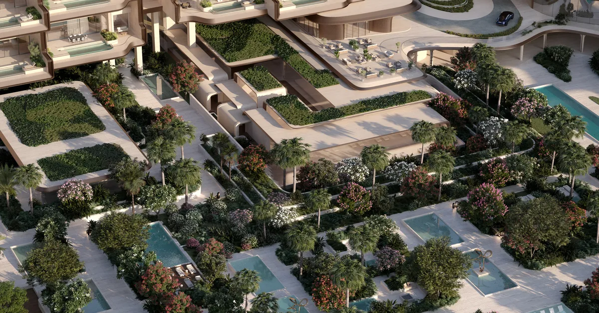 نمای هوایی باغ‌های پشت‌بام و استخرهای The Alba Residences