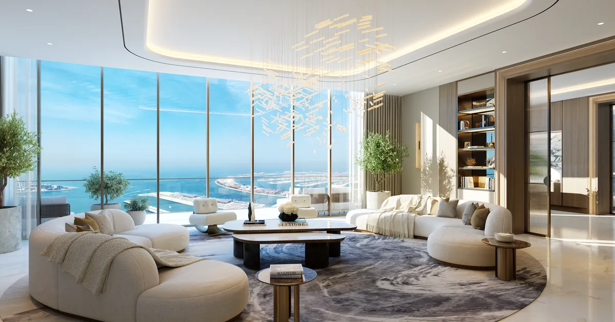 تالار اصلی (Great Room) پنتهاوس با سقف بلند و چشمانداز دریا