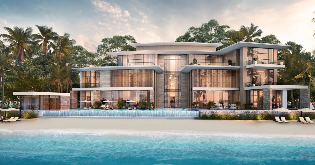 ویلاهای کورال بیچ سوبها سینیا آیلند (فاز ۲) | Coral Beach Villas Phase 2 نمای بیرونی مانشن ۷ خوابه کنار لاگون هنگام غروب