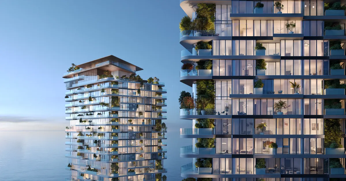 نمای شبانهٔ نمای دو برج سولیور با پنجره‌های روشن